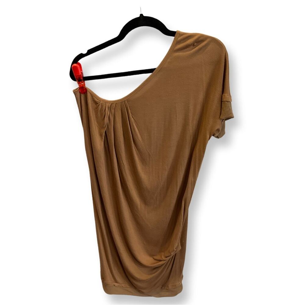 Vintage United Colors of Benetton dress one shoulder, stretch, size small, camel